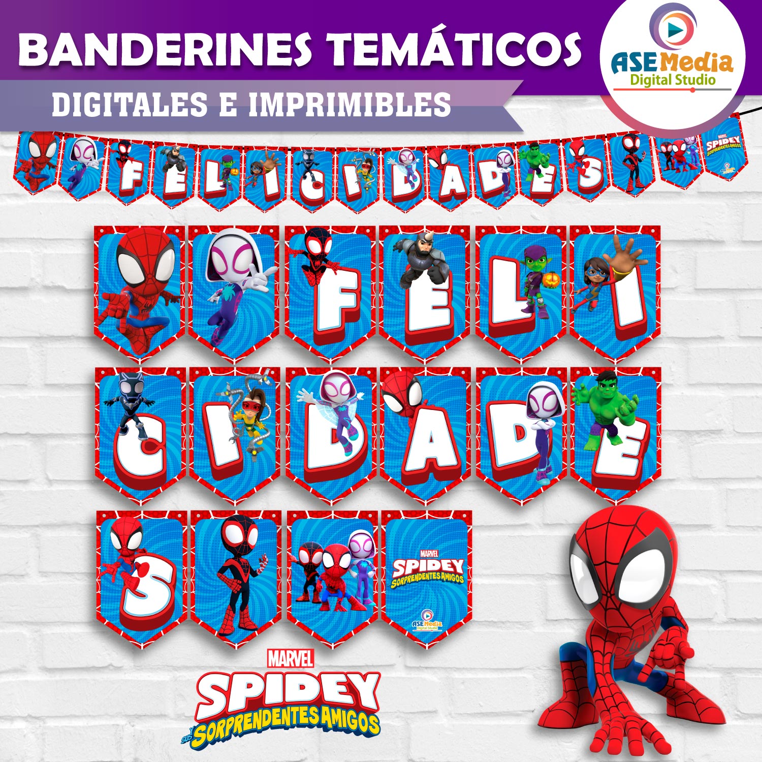 Spidey y sus sorprendentes amigos spiderman banderines temãticos imprimibles para cumpleaãos â asemedia digital studio