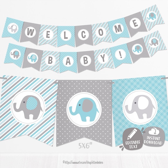 Editable banderines baby shower elefante azul guirnalda bebã banderola decoraciãn baby shower azul y gris bebã nião imprimible