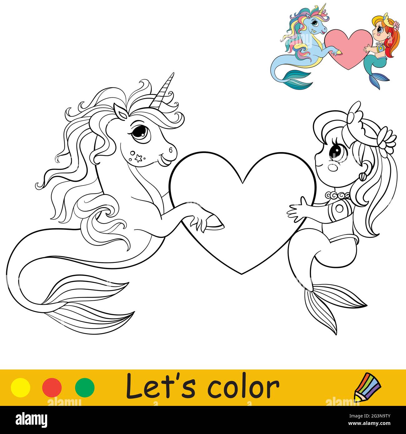 La pequeãa sirena y el caballito de mar tienen un corazãn pãgina de libro para colorear con plantilla de color para niãos ilustraciãn vectorial aislada para colorear libro p imagen vector de