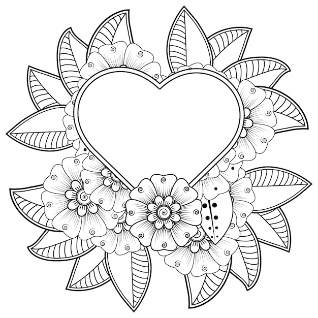 Flor de mehndi con marco en forma de corazãn en tilo ãtnico oriental doodle ornamento pãgina de libro para colorear vector premium
