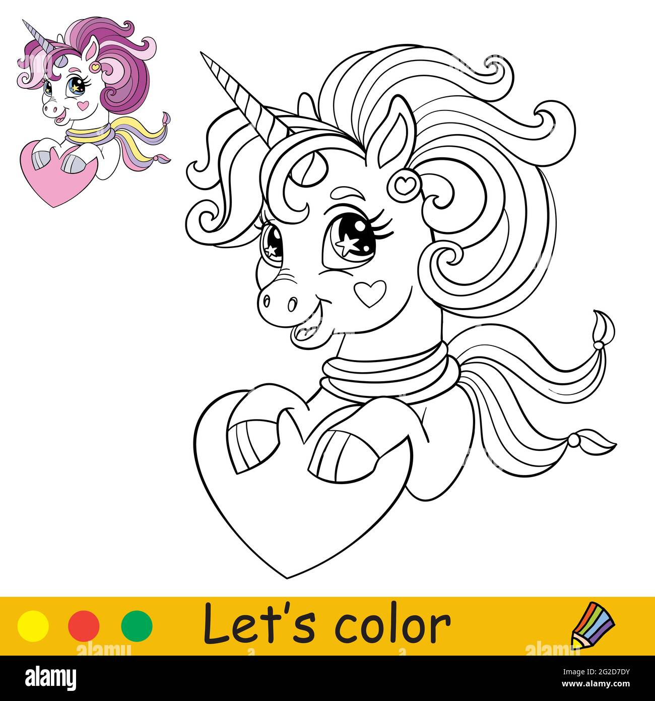 Dibujos animados lindo unicornio con una bufanda sostiene un corazãn en sus cascos coloring libro pãgina con colorido plantilla para los niãos ilustraciãn vectorial aislada para co imagen vector de stock