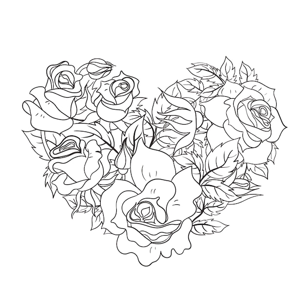 Pãgina para colorear con rosas en forma de corazãn vector premium