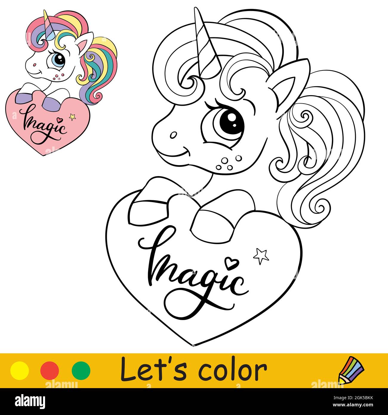 Lindo unicornio con corazãn pãgina de libro para colorear para niãos con plantilla de color ilustraciãn de dibujos animados vectorial para educaciãn impriãn juego diciembre imagen vector de stock