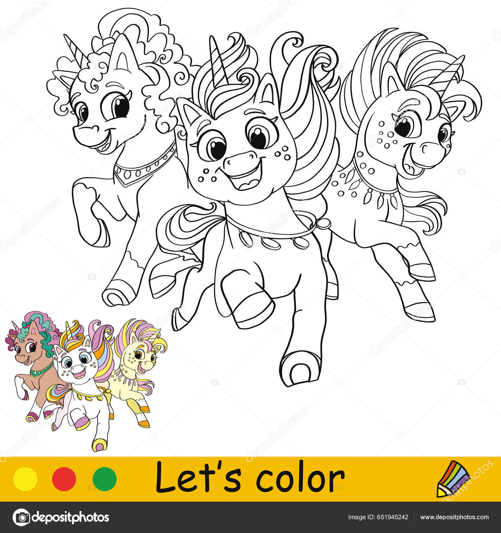 Lindos unicornios felices corriendo niãos colorear pãgina del libro con vector de stock por alinart