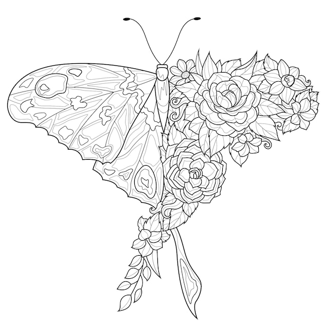 Mariposa con flor libro para colorear diseão antitrãs para niãos y adultos vector premium