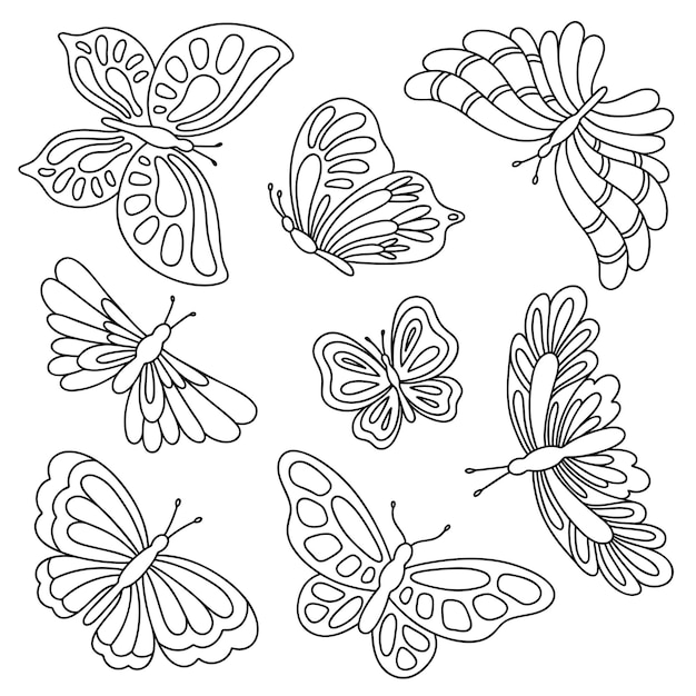 Siluetas de mariposas ilustraciãn vectorial para colorear pãgina vector premium