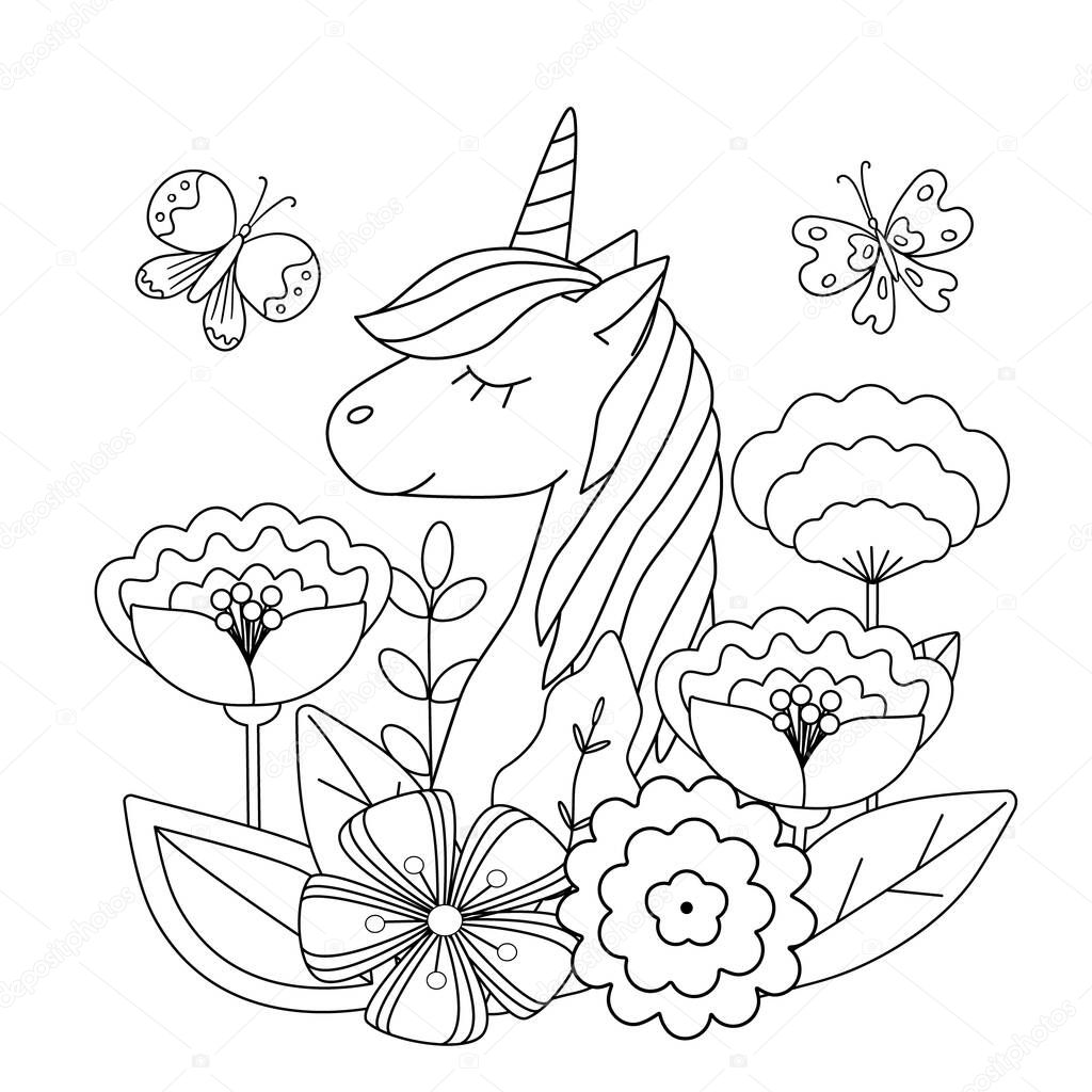 Libro para colorear para niãos con unicornio lindo flores mariposas vector de stock de chpchilloutgmail