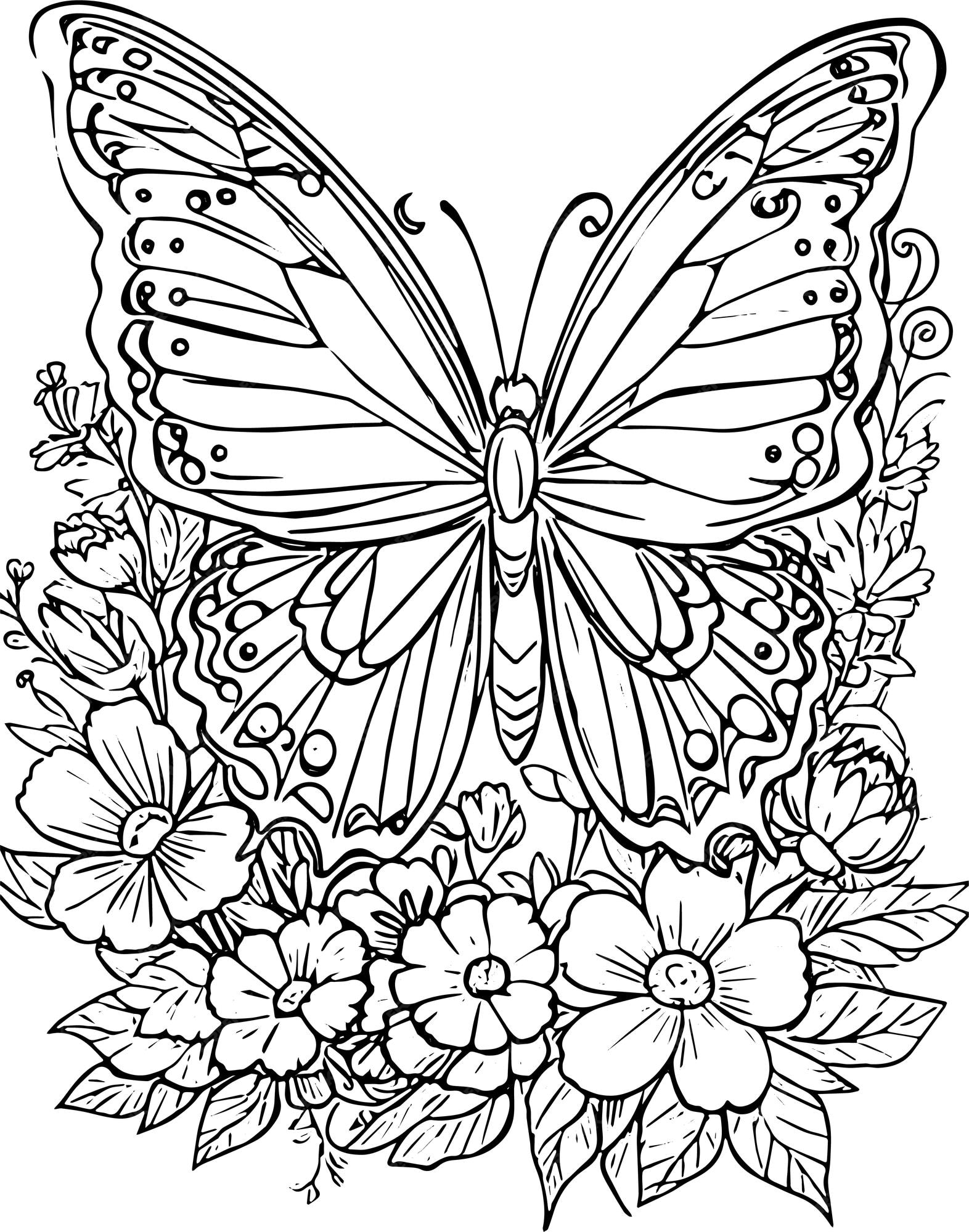Pãgina para colorear imprimible de vector lindas flor y mariposas vector premium
