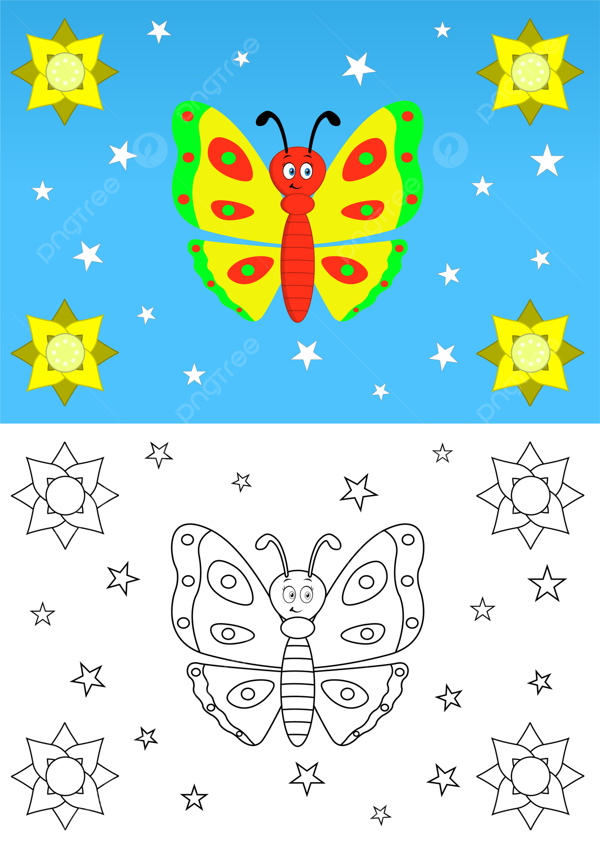 Fondo pãgina para colorear de mariposa de dibujos animados lindo con ilustraciãn de vector de arte de lãnea de pantalla imagen para dcarga gratuita