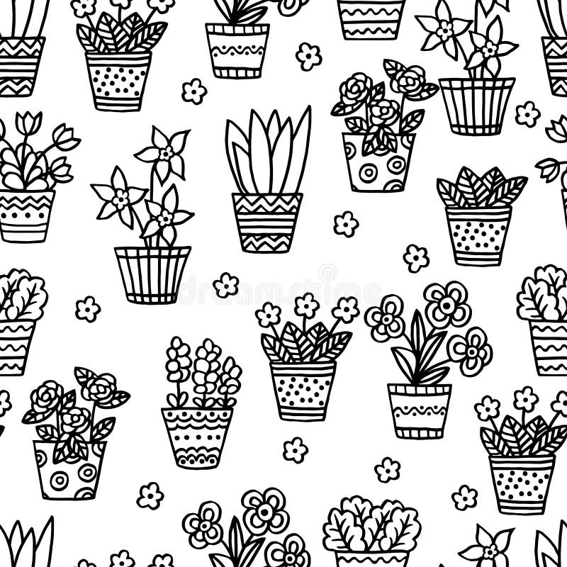 Seamless pattern with indoor plants coloring page stock illustration