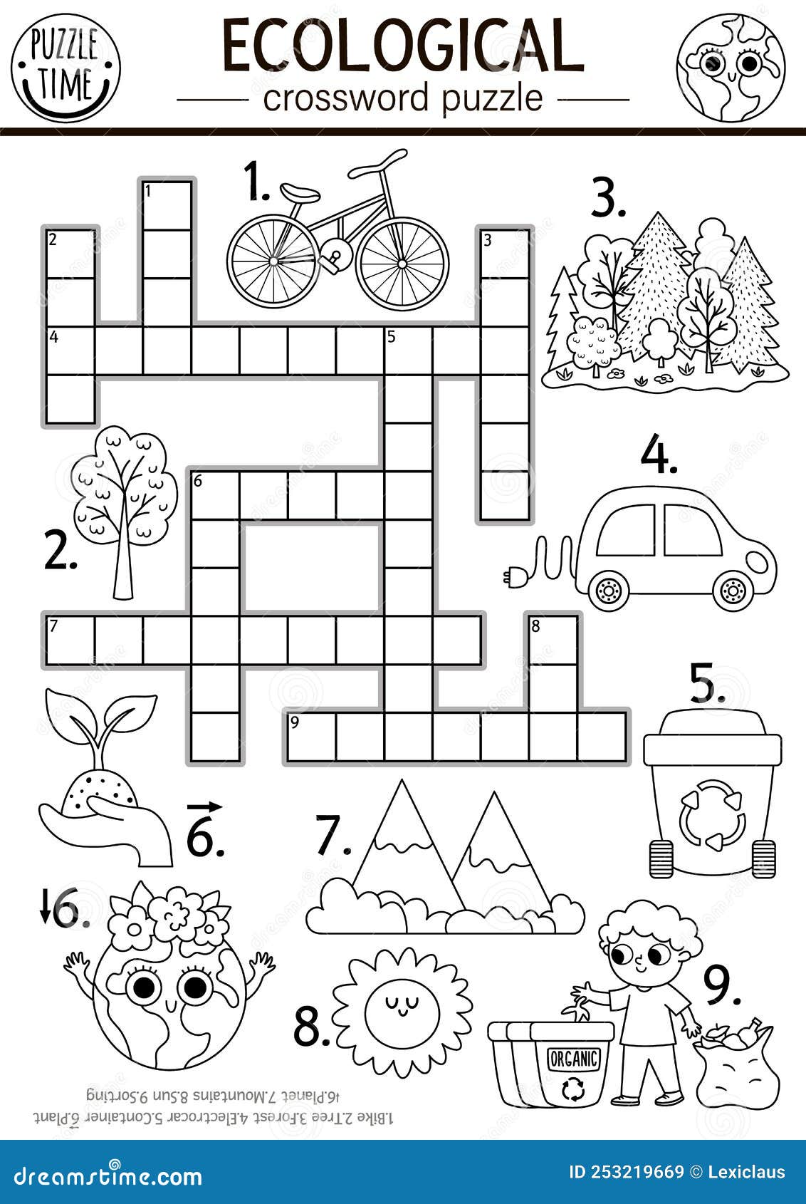 Vector ecological crossword puzzle for kids black and white earth day coloring page with eco city landscape stock vector