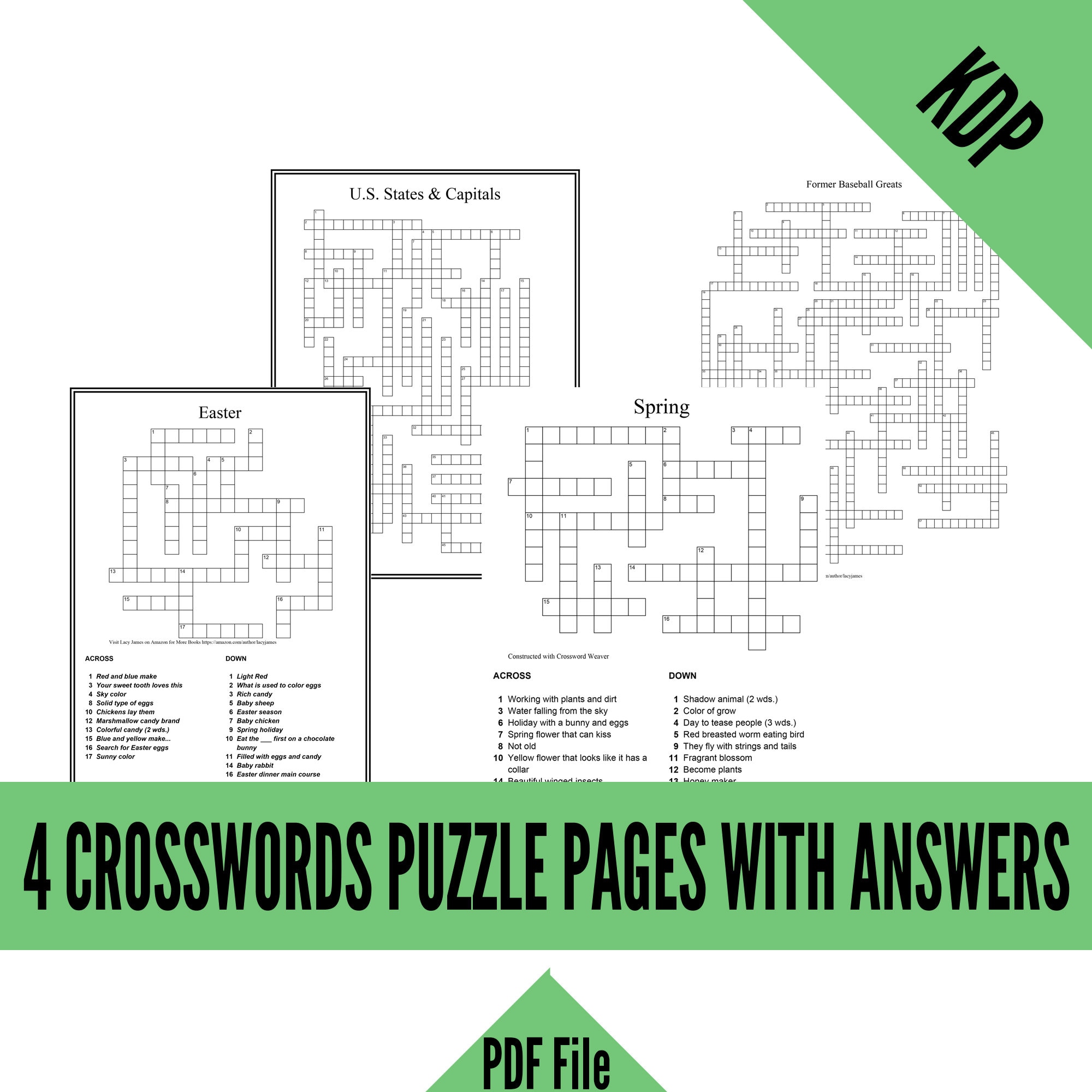 Kdp crossword puzzles with clues and answers in pdf format for creating kdp activity books spring easter baseball greats state capitals