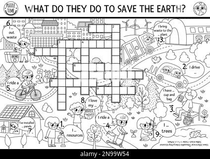 Vector ecological crossword puzzle for kids black and white earth day coloring page with eco city landscape eco awareness educational line activity stock vector image art