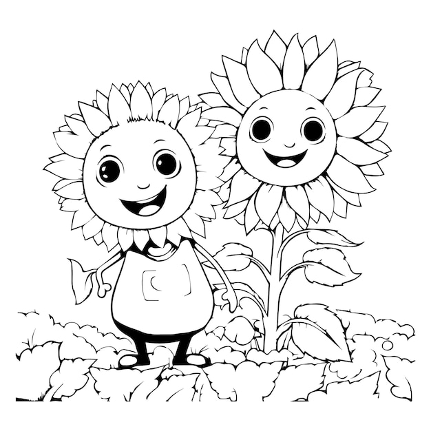 Premium vector coloring book illustration sunflower kawaii coloring page