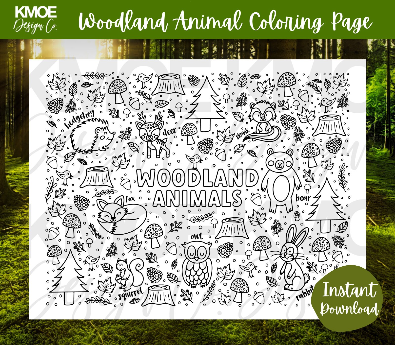 Woodland animal coloring page printable coloring book coloring pages for kids kids activity woodland forest fox owl bear hedgehog doodle