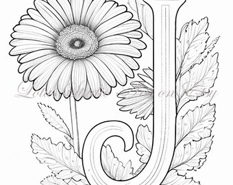 Floral letter j coloring page style downloadable printable alphabet coloring page for adults and teens great for craft projects