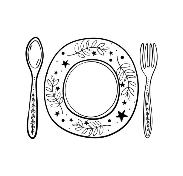 Fork spoon and plate with floral ornament boho icon for menu food concept highlight icon colored vintage sketch illustration vector isolated on white stock illustration