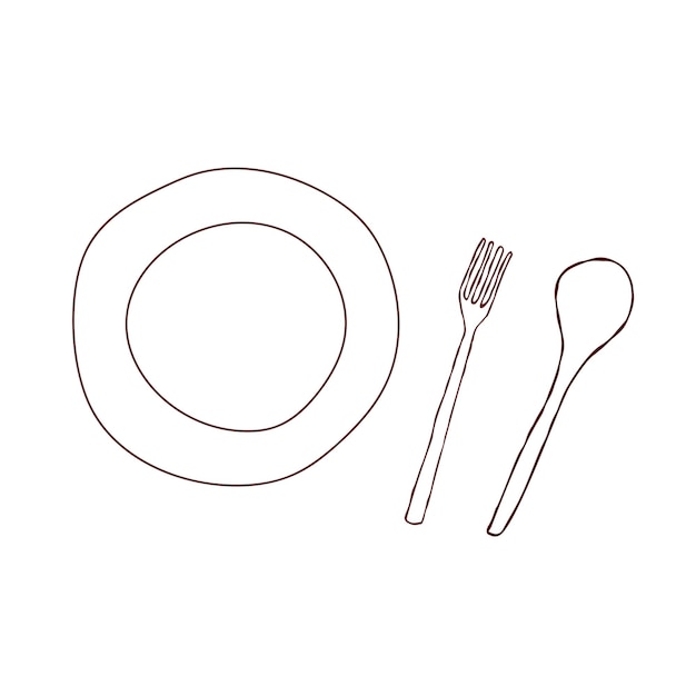 Premium vector kitchenware illustrations plate spoon and fork in doodle style