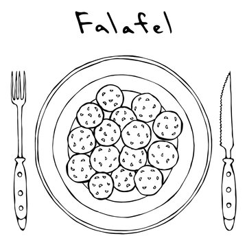 Falafel on a plate top view with fork and knife middle eastern cuisine arabic israel vegetarian healthy fast food jewish street food realistic hand drawn illustration savoyar doodle style vector
