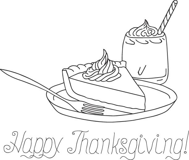 Pumpkin pie with whipped cream on plate fork freehand line art style graphic black color sketch vector illustration happy thanksgiving calligraphic lettering isolated coloring page greeting card poster stock illustration
