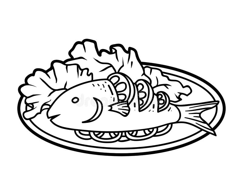 Coloring book grilled fish on plate stock vector