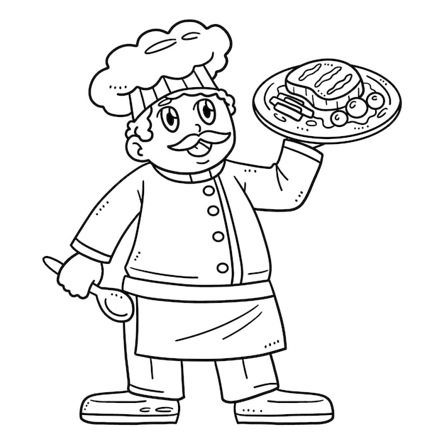 Premium vector chef with serving plate isolated coloring page