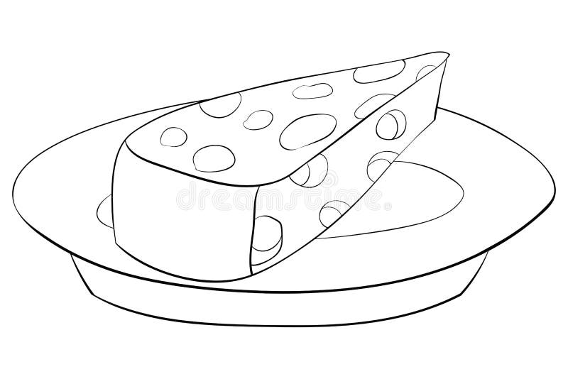 A children coloring bookpage a cute plate with a slice of cheese image for relaxingline art style illustration stock vector