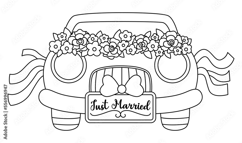 Vecteur vector black and white wedding car decorated with flowers and ribbons honeymoon line automobile with just married plate cute marriage clipart bride and groom transportation coloring page