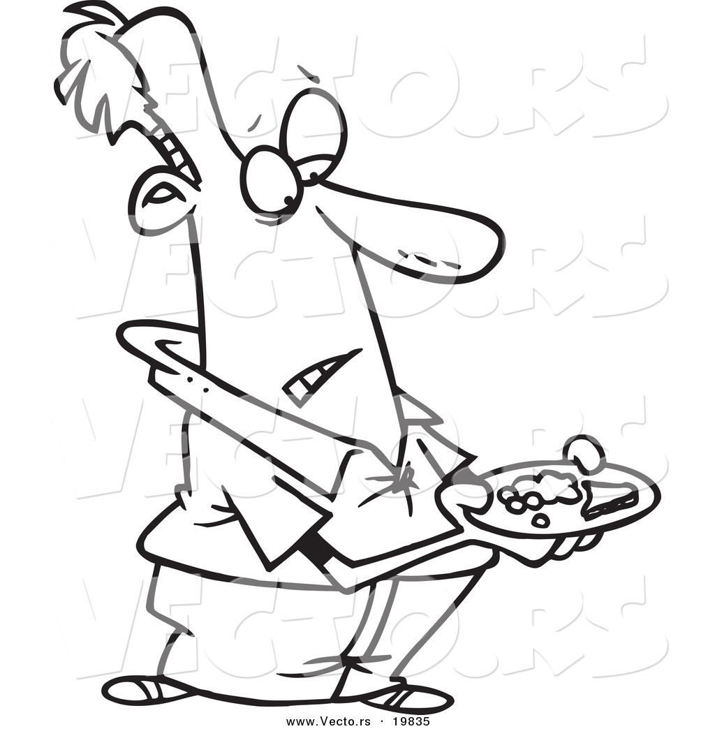 R of a cartoon man carrying a meager dinner plate