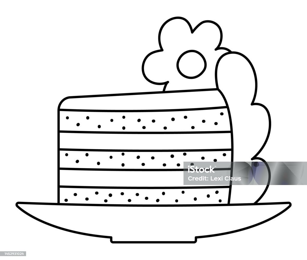 Vector black and white wedding cake piece on a plate with flower cream cute marriage line clipart element just married couple dessert coloring page cartoon ceremony illustration stock illustration