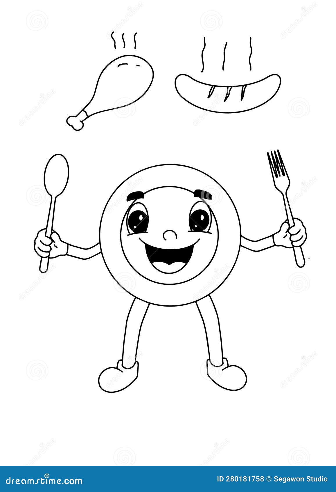 Children coloring book page cute plate and food illustration stock vector