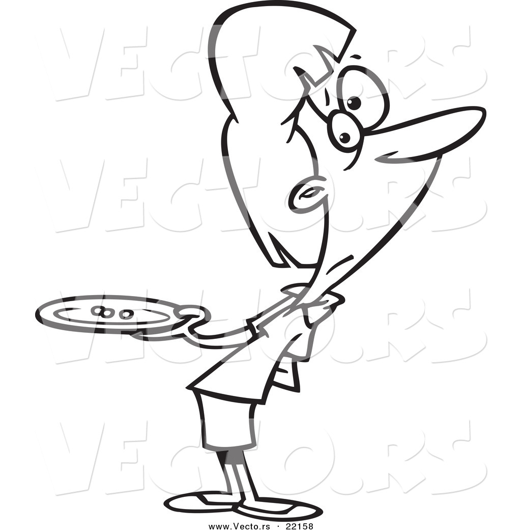 R of a cartoon hungry woman holding a plate with three peas