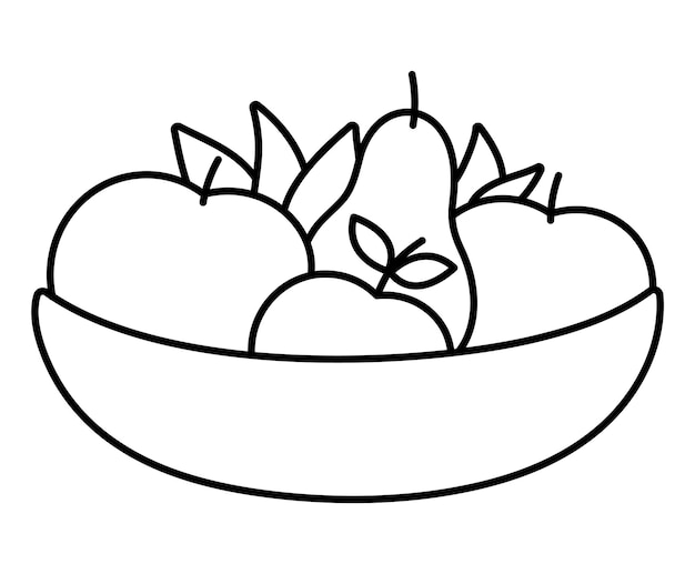 Premium vector vector black and white wooden bowl with apples pears leaves autumn garden outline clipart funny fruit plate illustration or coloring page isolated on white background farm harvest line icon