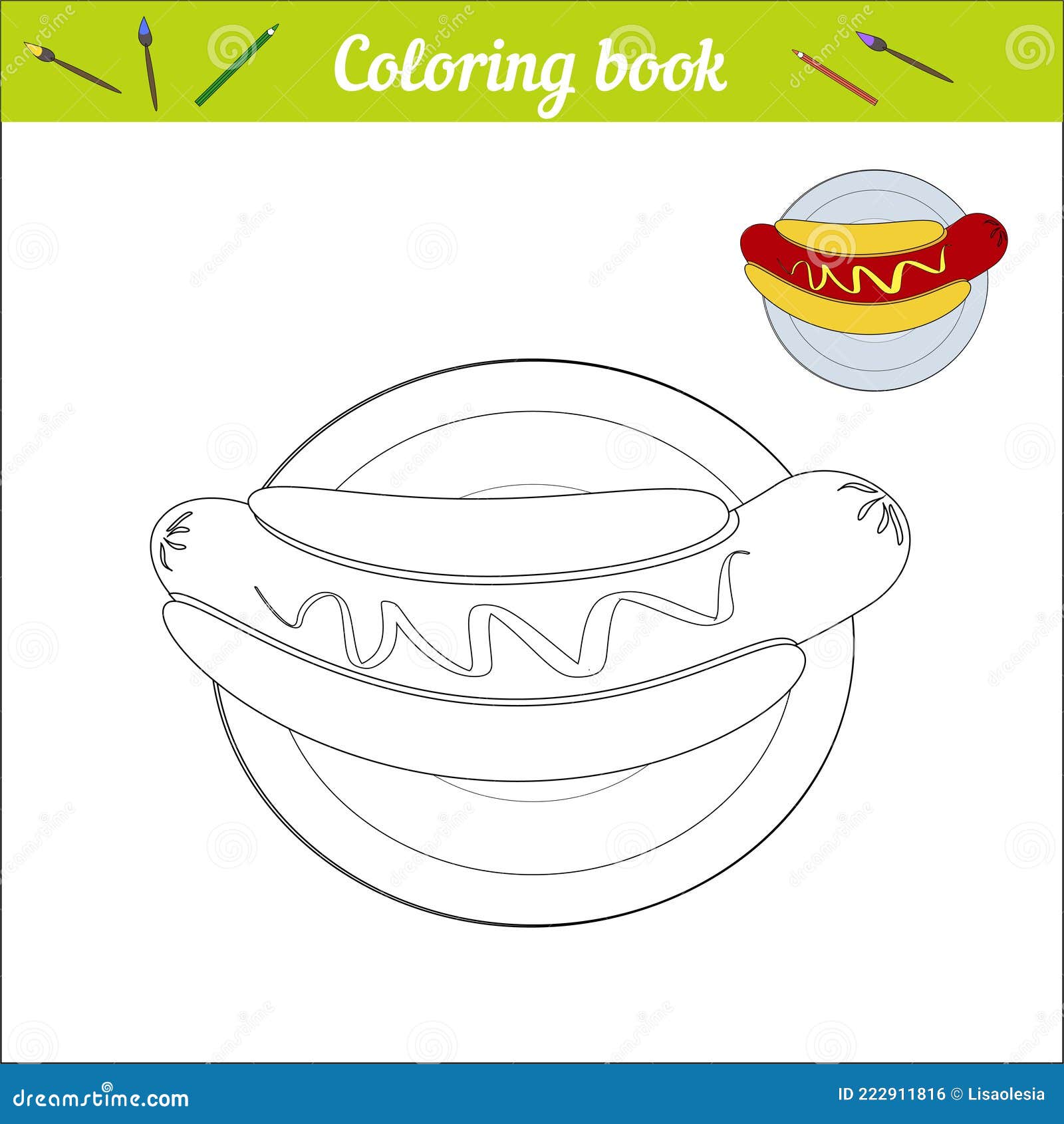 Hot dog on a plate simple coloring book for children black and white cartoon illustration and color swatch vector stock vector