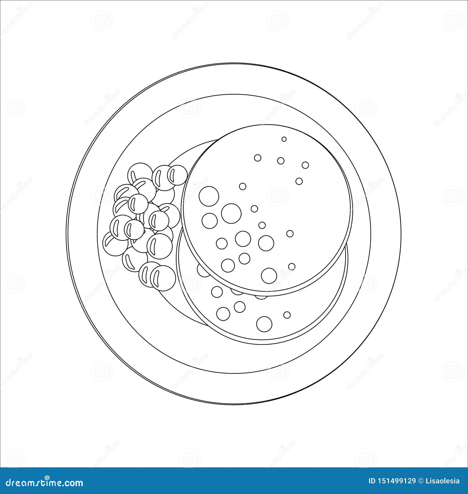 Isolated vector food images breakfast on a plate black and white line art icon coloring book page for kids stock vector