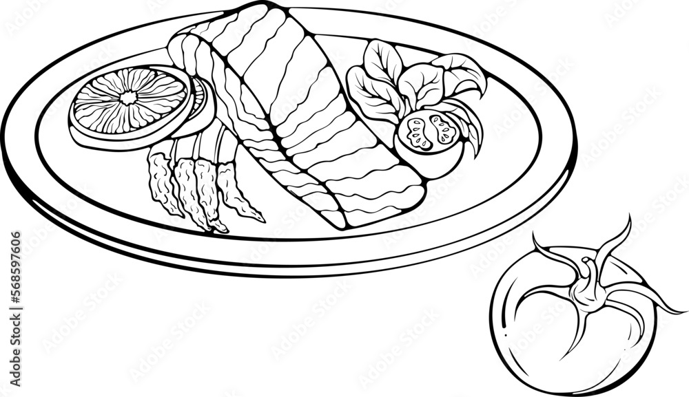 Still life with salmon fillet with vegetables on a plate vector illustrations in hand drawn sketch doodle style line art healthly food isolated on white element for coloring book design print