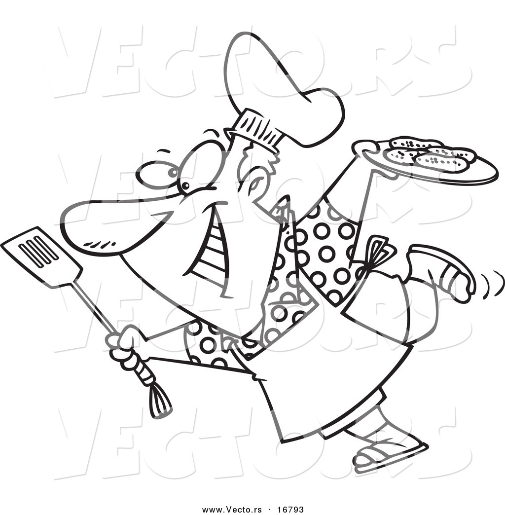 R of a cartoon man carrying a plate of food to his bbq