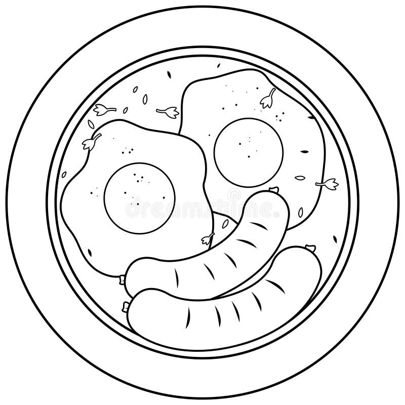 Eggs and sausages dish vector black and white coloring page stock vector