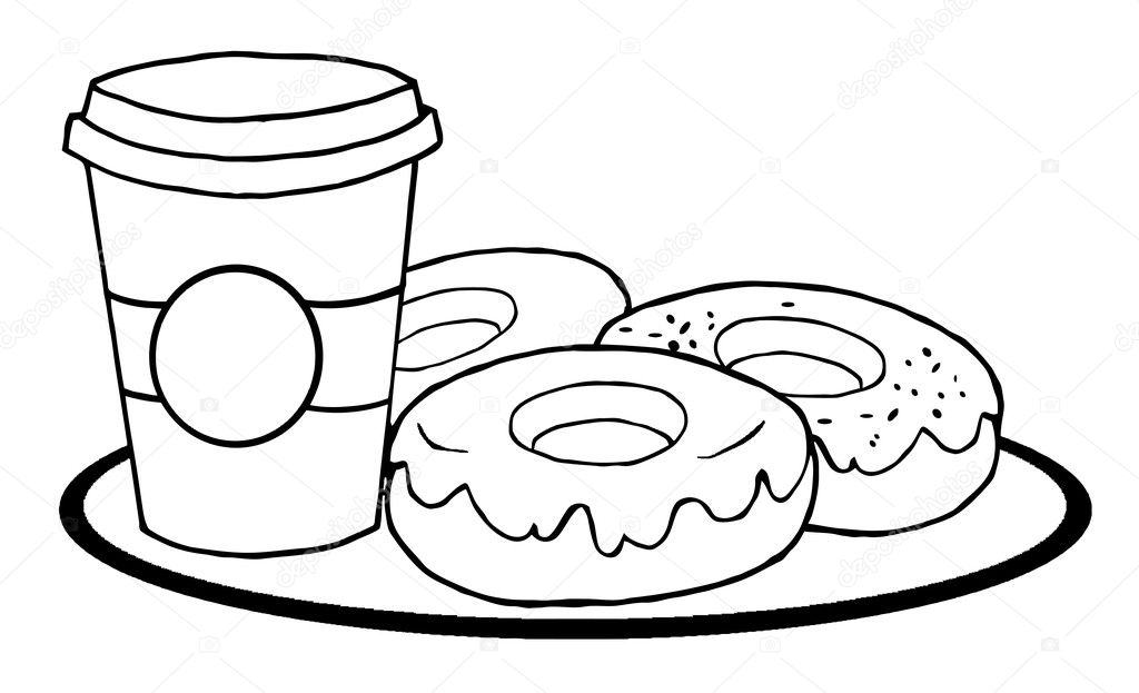 Coloring page outline cup coffee plate donuts stock illustration by hittoon