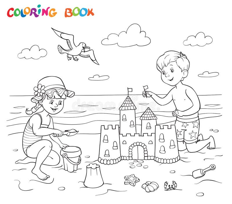 Coloring book or page a girl and a boy are playing on the beach near the sea stock vector
