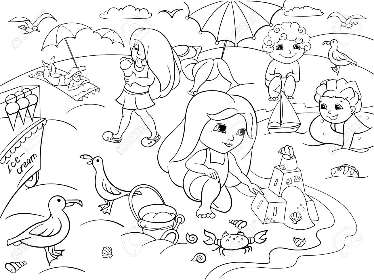 Children swimming at the beach and play with toys coloring illustration zentangle style black and white sea beach kids toy bird sand ice cream and summer stock photo picture and royalty free