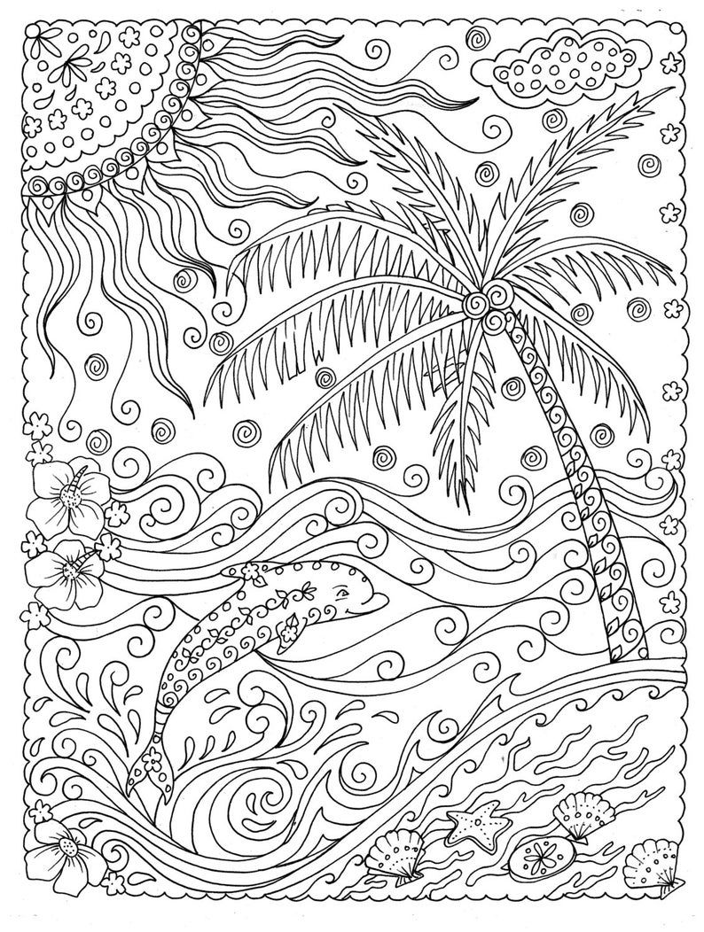 Pages beachy escape coloring digital color pages shells ocean surf tiki dolpjins palm trees instant downloads
