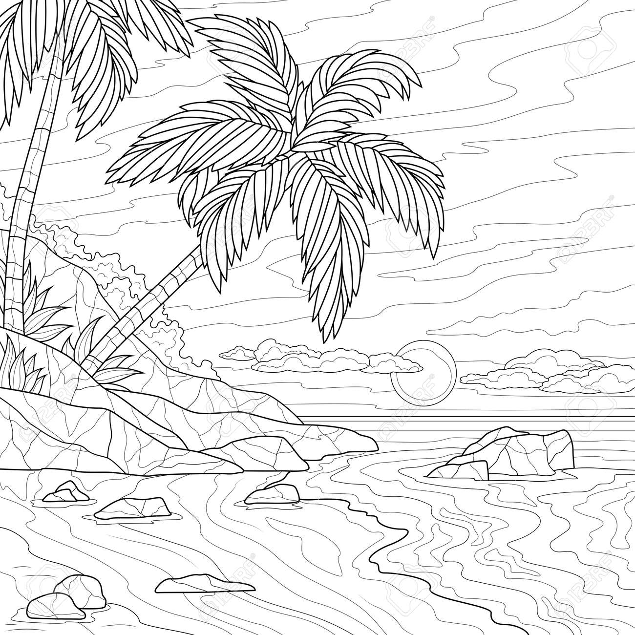 Beach and palm treecoloring book antistress for children and adults illustration isolated on white backgroundzen
