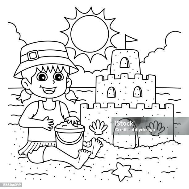 Toys on the beach coloring for kids stock illustration