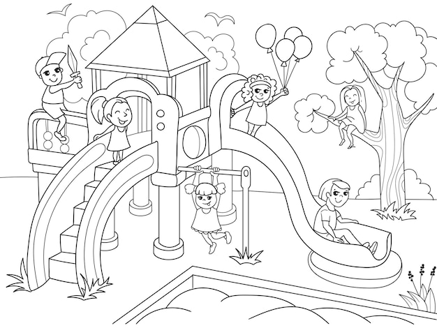 Premium vector childrens playground coloring vector illustration of black and white