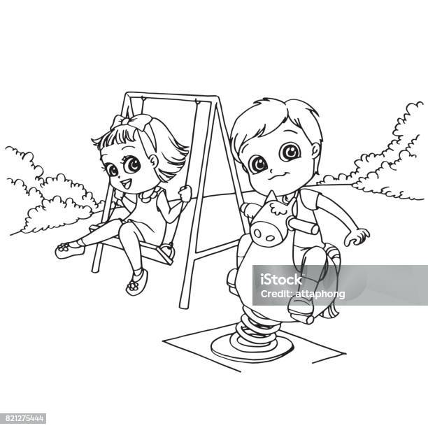 Kids at the playground cartoon coloring page vector stock illustration
