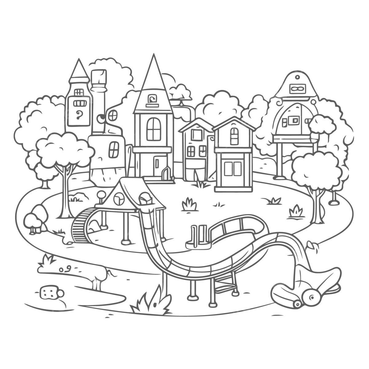 Playground coloring page with many trees and buildings outline sketch drawing vector tree drawing wing drawing man drawing png and vector with transparent background for free download