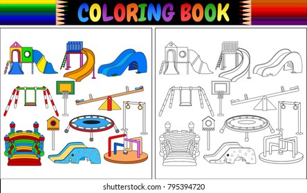 Coloring book playground equipment icons set arkivvektor royaltyfri
