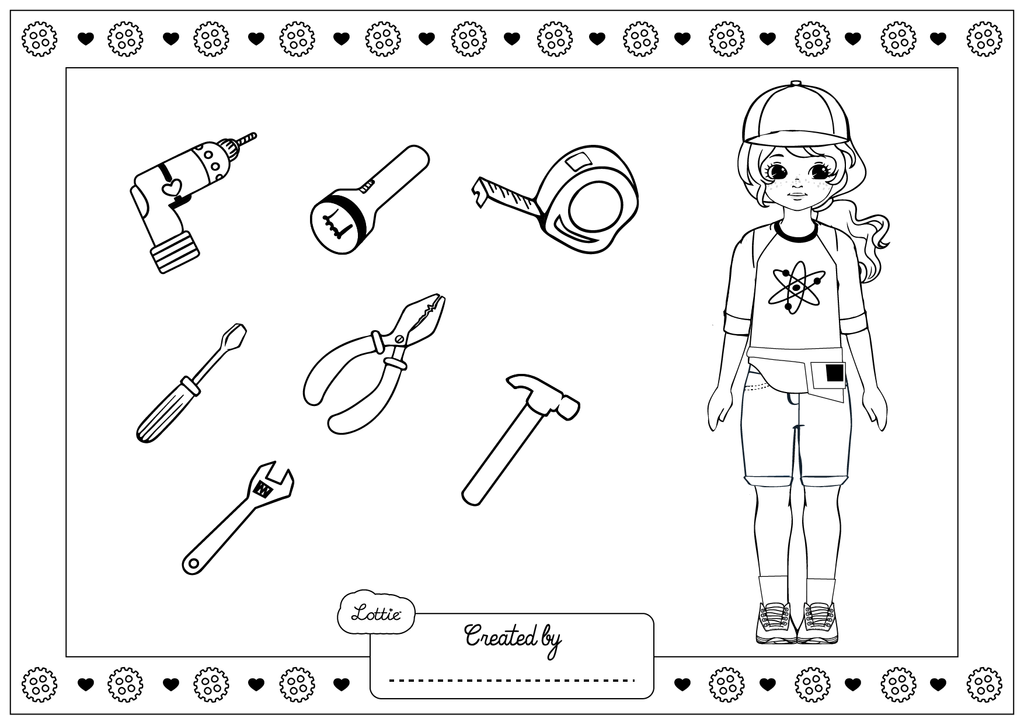 Colouring page young inventor doll