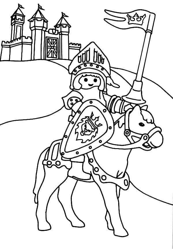 Painting of a playmobil knight on a horse coloring page